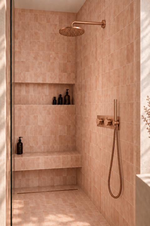 Colonne de douche encastrée pluie ronde Liora or rose brossé Azéo, en situation dans une douche terracotta
