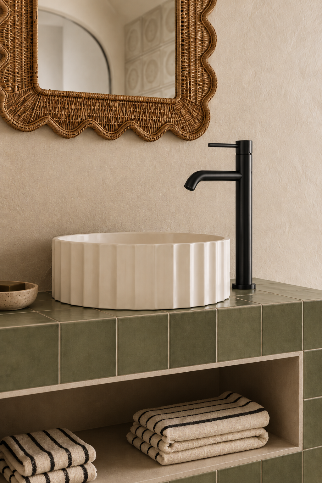 Mitigeur lavabo design bec long haut Sorane noir mat Azéo, en situation dans une salle de bain