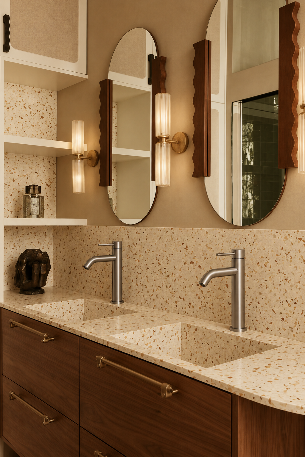 Mitigeur lavabo design bec long haut Sorane gris brossé Azéo, en situation dans une salle de bain