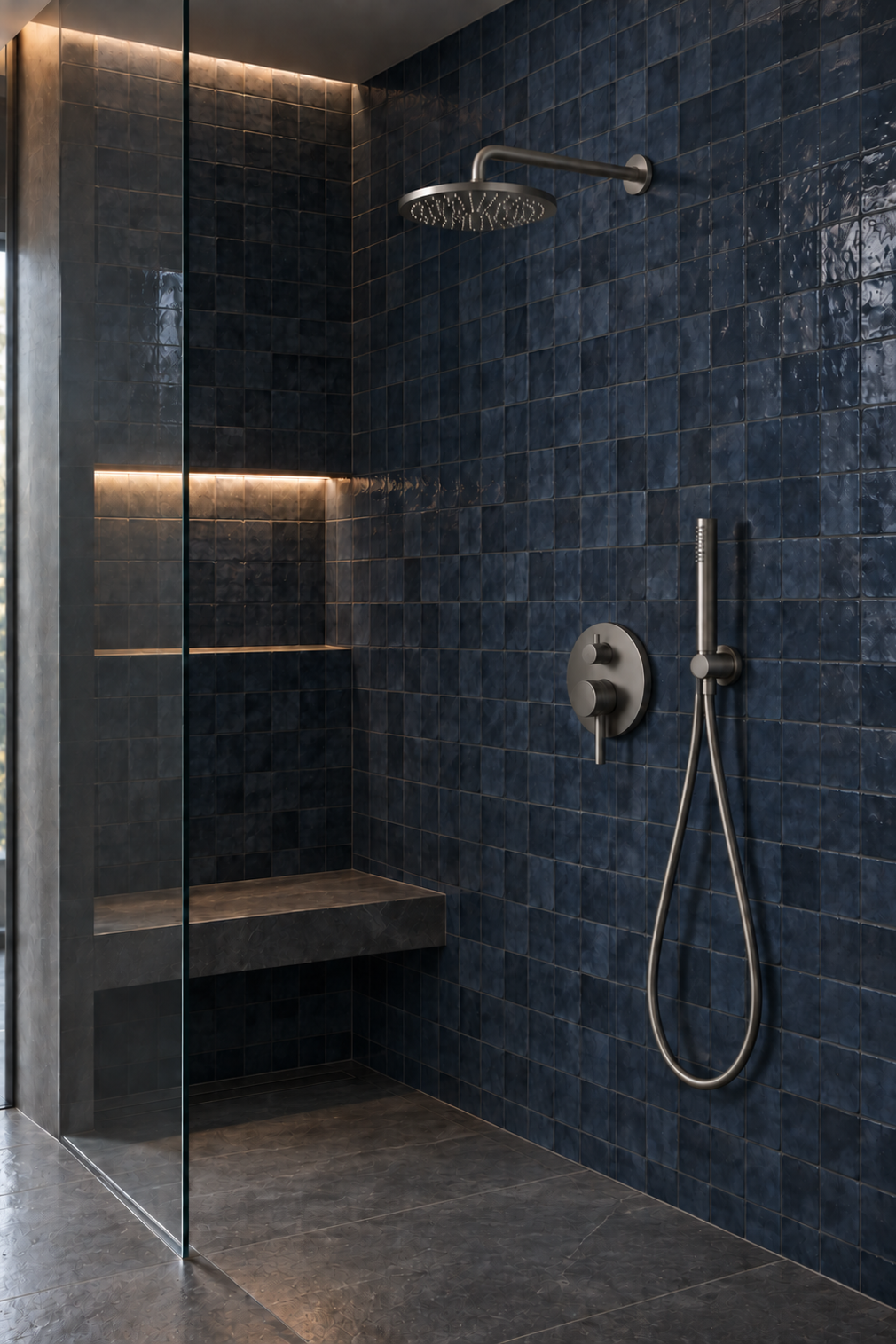 Colonne de douche encastrée cascade Kaelo gris anthracite Azéo, en situation dans une douche