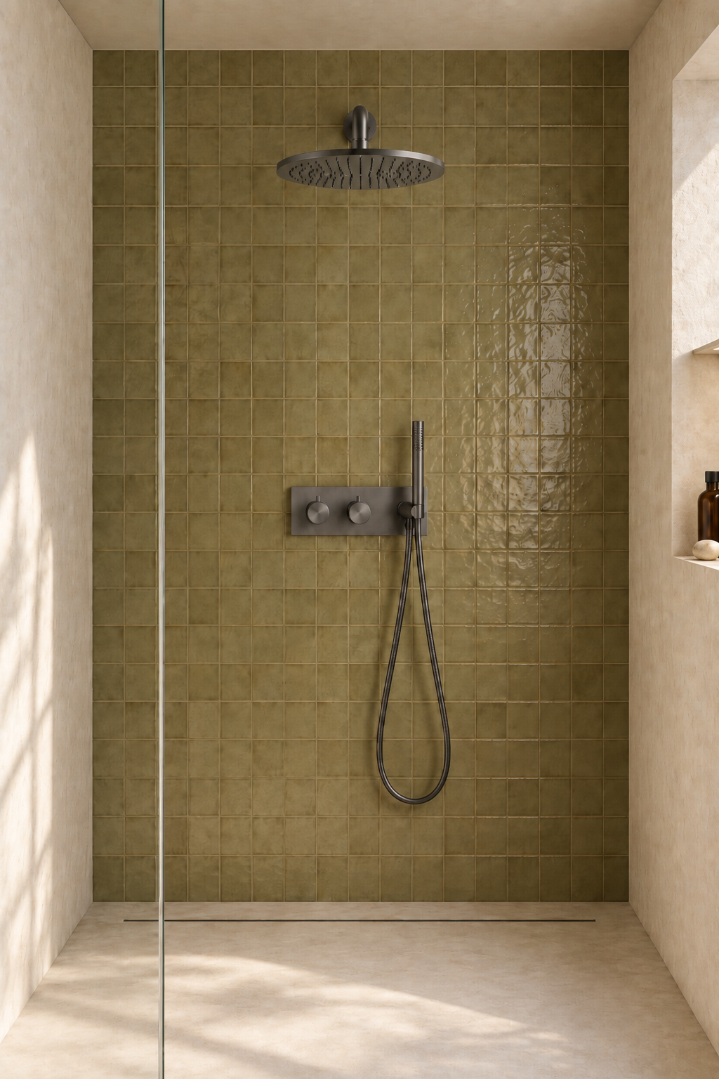 Colonne de douche encastrée pluie ronde Liora gris anthracite Azéo, en situation dans une douche baignée de lumière naturelle