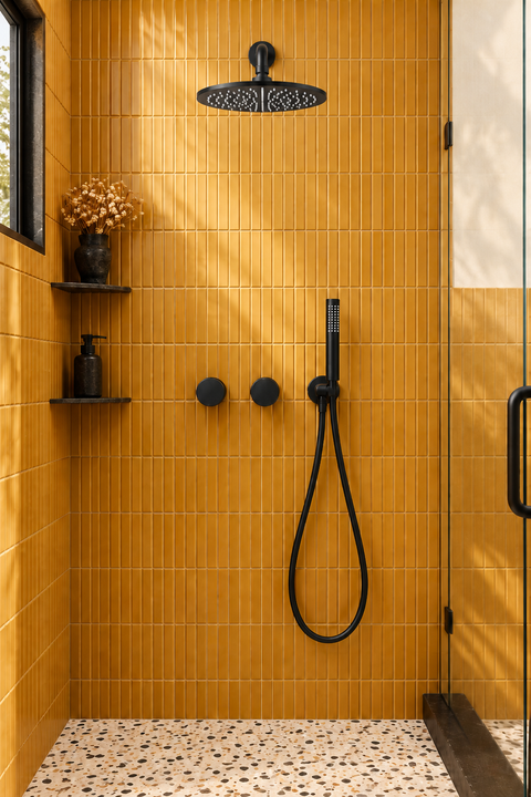 Colonne de douche encastrée thermostatique Orvane noir mat Azéo, en situation dans une douche