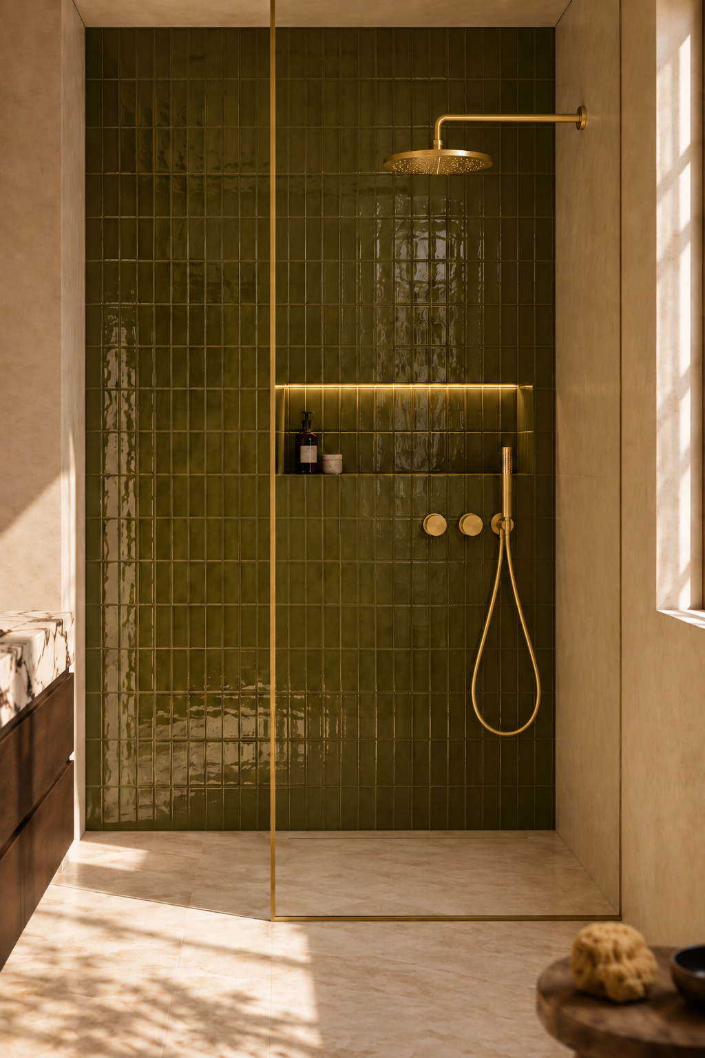Colonne de douche encastrée thermostatique Orvane or brossé Azéo, en situation dans une douche