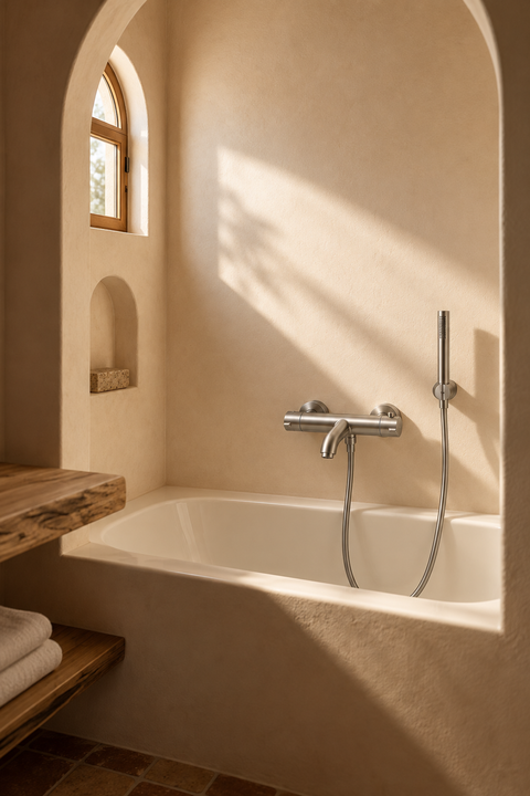 Mitigeur de bain thermostatique avec douchette Tamaris gris brossé Azéo, en situation avec baignoire