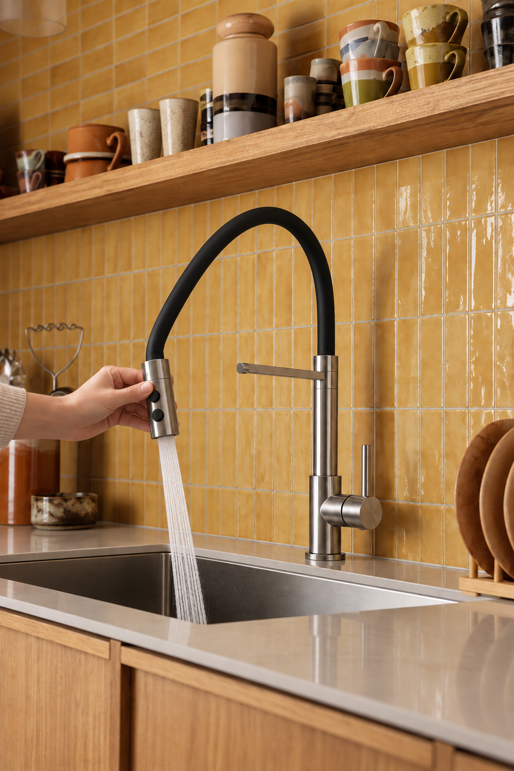 Mitigeur de cuisine à tuyau souple Isaren gris brossé Azéo, en situation, eau en mouvement