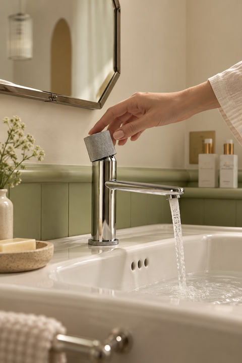 Mitigeur lavabo bec plat Elwen chromé Azéo, en situation au-dessus d'un lavabo