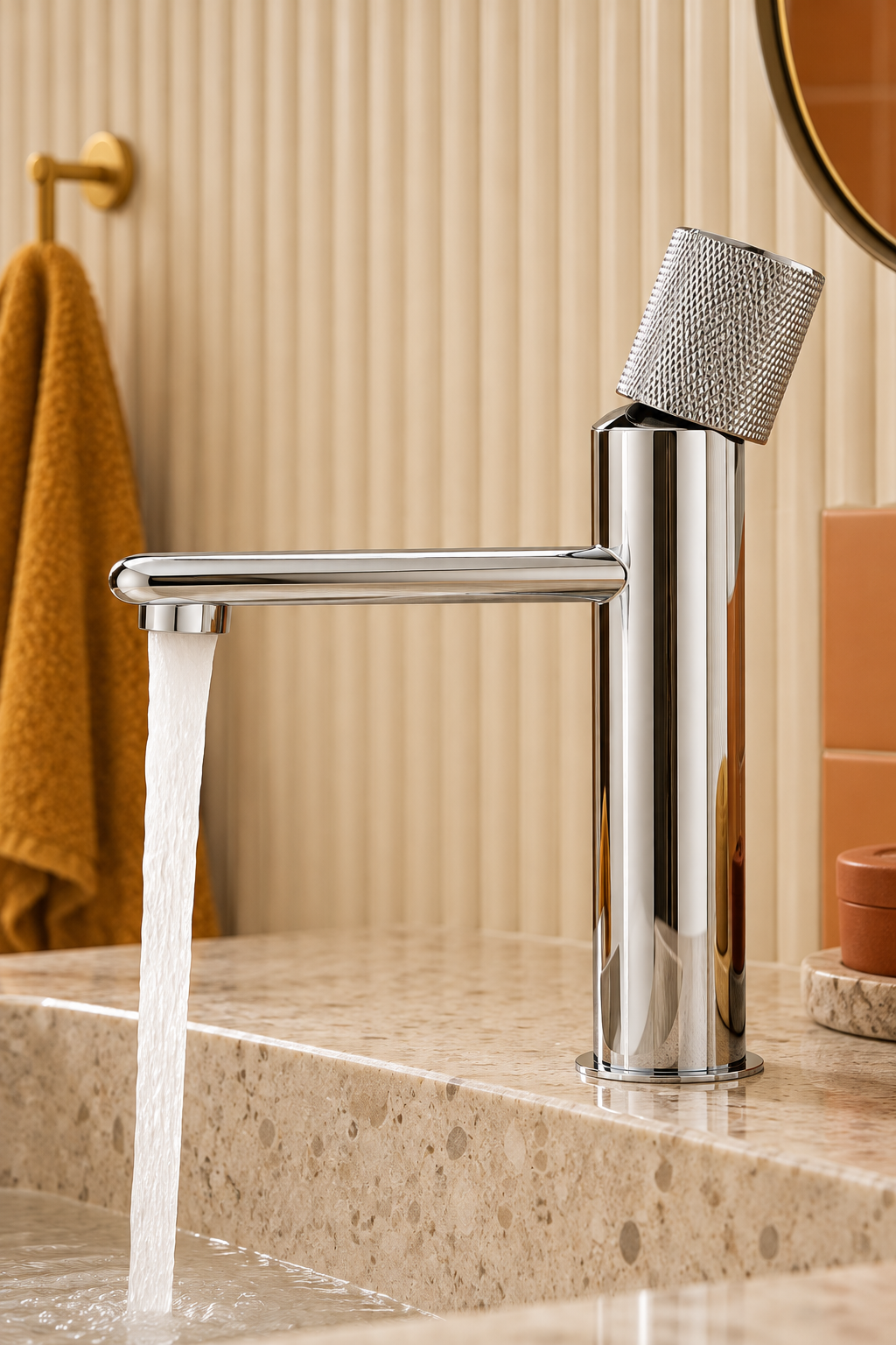Mitigeur lavabo haut bec plat Ostenne chromé Azéo, en situation sur un plan en terrazzo