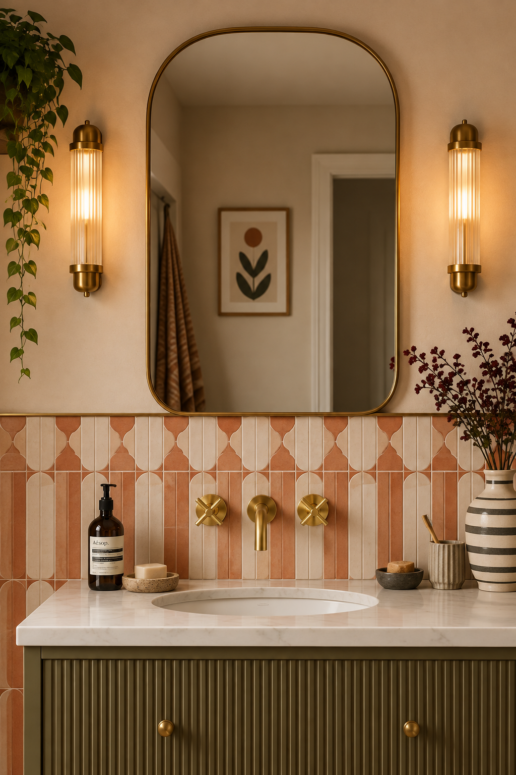 Mitigeur lavabo mural encastré vintage Elmara or brossé Azéo, en situation devant un carrelage rose et blanc, au-dessus d'un meuble vasque vert olive
