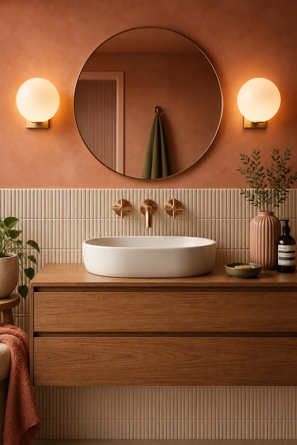 Mitigeur lavabo mural encastré vintage Elmara or rose brossé Azéo, en situation sur un mur terracotta, au-dessus d'une vasque ovale posée sur un meuble en bois