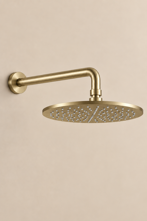 Colonne de douche encastrée thermostatique Orvane or brossé Azéo, douche pluie sur mur beige