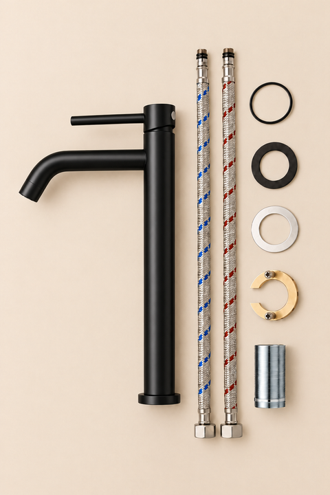 Mitigeur lavabo haut design Sorane noir mat Azéo, contenu du colis et accessoires d'installation