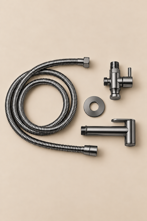 Douchette hygiénique WC Idrane gris anthracite Azéo, contenu du colis et accessoires d'installation