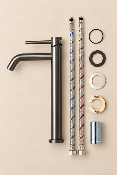 Mitigeur lavabo haut design Sorane gris anthracite Azéo, contenu du colis et accessoires d'installation