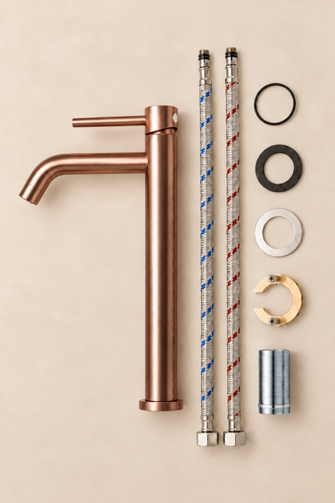 Mitigeur lavabo haut design Sorane or rose brossé Azéo, contenu du colis et accessoires d'installation
