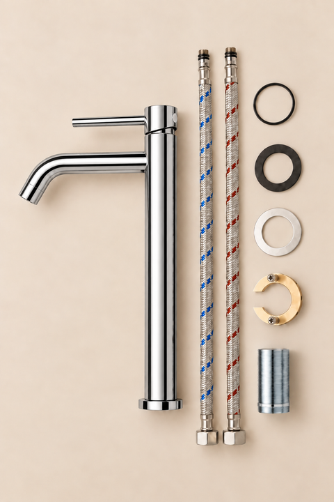 Mitigeur lavabo haut design Sorane chromé Azéo, contenu du colis et accessoires d'installation