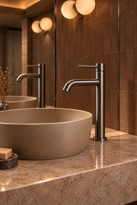 Mitigeur lavabo haut design Sorane gris anthracite Azéo, en situation dans une salle de bain