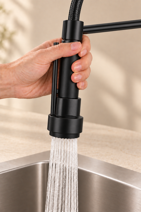 Mitigeur de cuisine double fonction Torvel noir mat Azéo, avec le jet d'eau