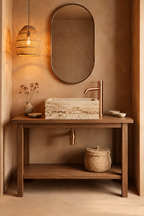 Mitigeur lavabo haut design Sorane or rose brossé Azéo, en situation dans une salle de bain