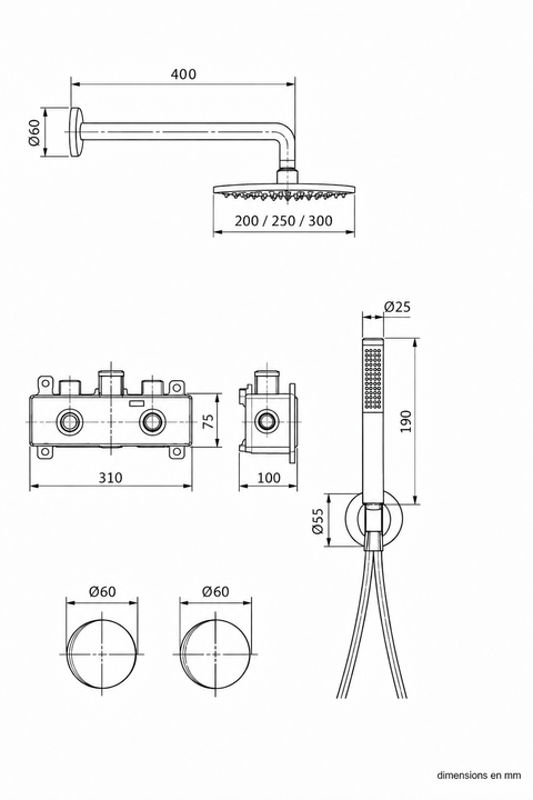 Colonne de douche encastrée thermostatique Orvane Azéo, schéma technique