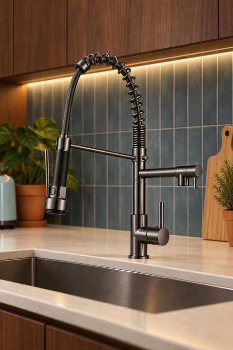 Mitigeur de cuisine double fonction Torvel gris anthracite Azéo, en situation dans une cuisine