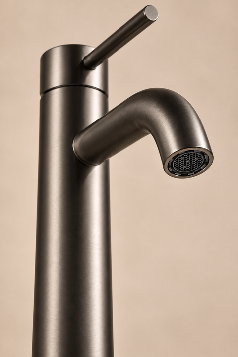 Mitigeur lavabo haut design Sorane gris anthracite Azéo, gros plan sur l'aérateur nid d'abeille