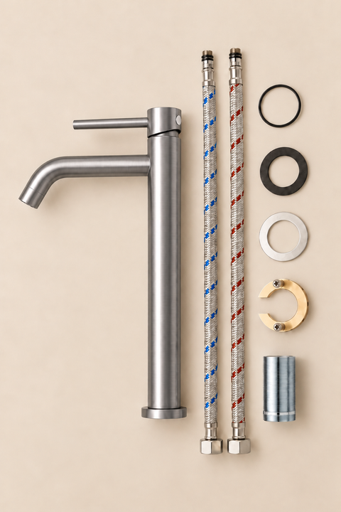 Mitigeur lavabo haut design Sorane gris brossé Azéo, contenu du colis et accessoires d'installation