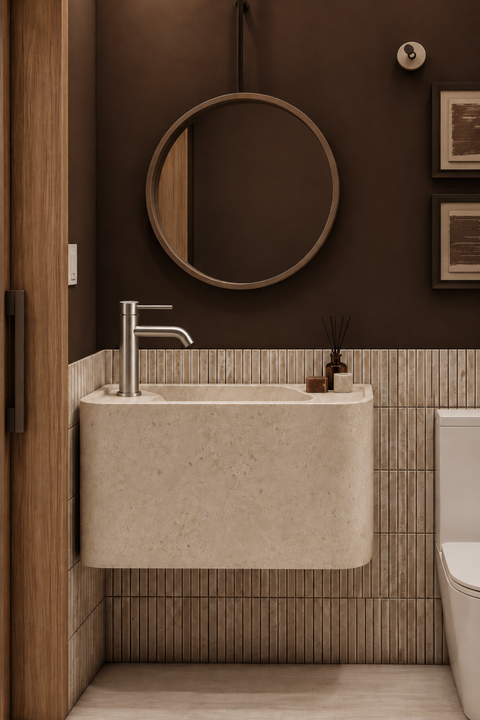Mitigeur lavabo bas design Mireva gris brossé Azéo, en situation dans une salle de bain