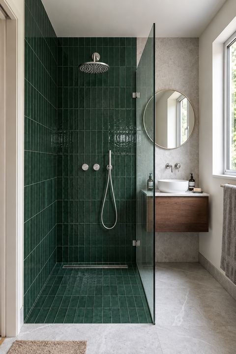 Colonne de douche encastrée thermostatique Orvane chromée Azéo, en situation dans une salle de bain aux carreaux émeraude