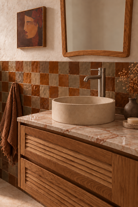 Mitigeur lavabo haut design Sorane gris brossé Azéo, en situation dans une salle de bain
