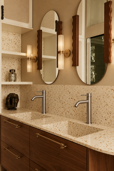 Mitigeur lavabo haut design Sorane gris brossé Azéo, en situation dans une salle de bain