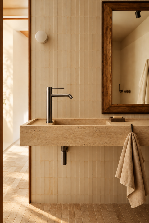 Mitigeur lavabo haut design Sorane gris anthracite Azéo, en situation dans une salle de bain
