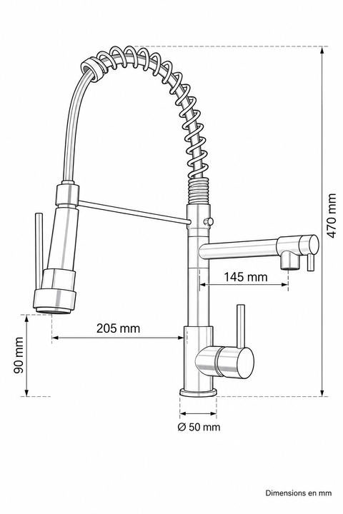 Mitigeur de cuisine double fonction Torvel gris anthracite Azéo, schéma technique