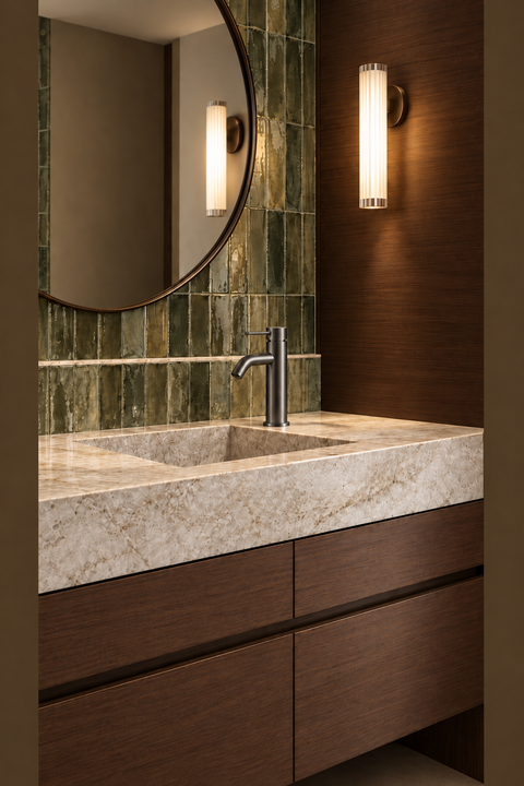 Mitigeur lavabo bas design Mireva gris anthracite Azéo, en situation dans une salle de bain