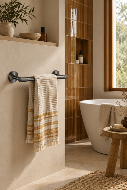 Barre porte-serviette simple Gavrel gris anthracite Azéo, en situation dans une salle de bain