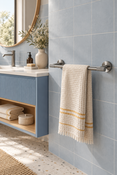 Barre porte-serviette simple Gavrel gris brossé Azéo, en situation dans une salle de bain