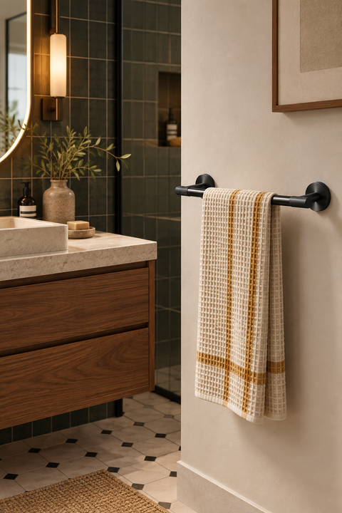 Barre porte-serviette simple Gavrel noir mat Azéo, en situation dans une salle de bain