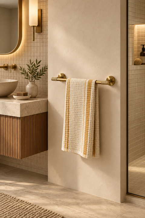 Barre porte-serviette simple Gavrel or brossé Azéo, en situation dans une salle de bain