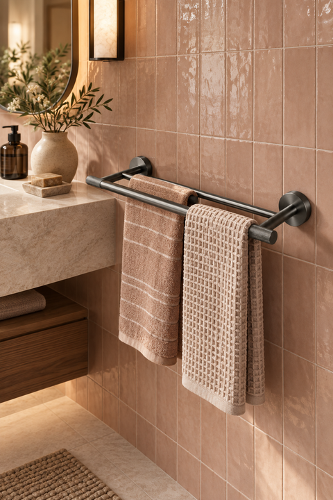 Barre porte-serviettes double Falmor gris anthracite Azéo, en situation dans une salle de bain