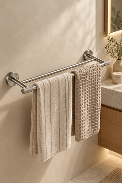 Barre porte-serviettes double Falmor gris brossé Azéo, en situation dans une salle de bain