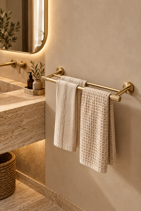 Barre porte-serviettes double Falmor or brossé Azéo, en situation dans une salle de bain