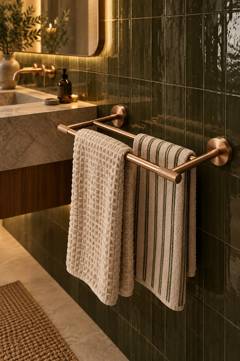 Barre porte-serviettes double Falmor or rose brossé Azéo, en situation dans une salle de bain