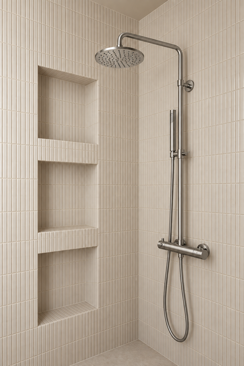 Colonne de douche apparente Alvara gris brossé Azéo — mise en situation