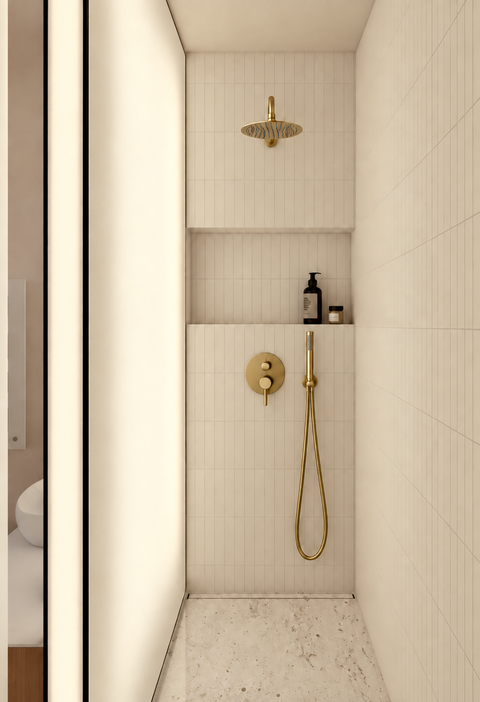 Colonne de douche encastrée cascade Kaelo or brossé Azéo — mise en situation (3)