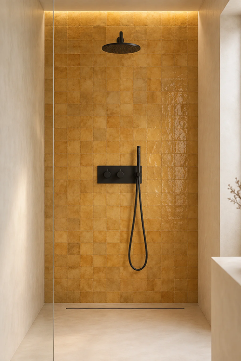 Colonne de douche encastrée pluie ronde Liora noir mat, mitigeur et douchette sur mur carrelé ocre
