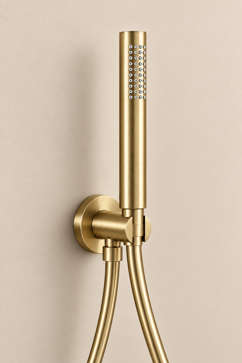 Colonne de douche encastrée thermostatique Orvane or brossé Azéo — douchette murale