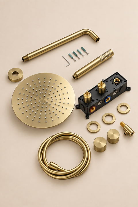 Colonne de douche encastrée thermostatique Orvane or brossé Azéo — kit démonté, composants