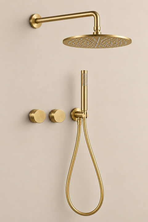 Colonne de douche encastrée thermostatique Orvane or brossé Azéo — pomme de douche pluie