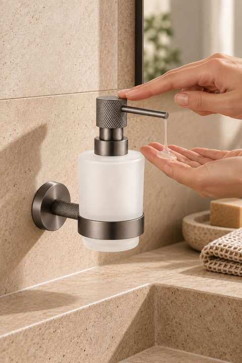 Distributeur de savon mural Solenne gris anthracite Azéo, en situation dans une salle de bain