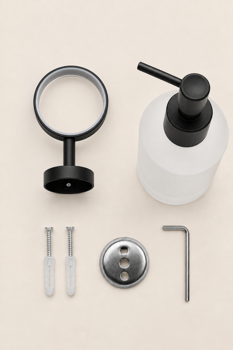 Distributeur de savon mural Solenne noir mat Azéo, contenu du colis avec visserie de fixation