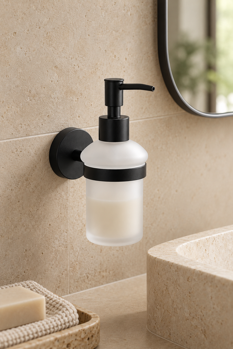 Distributeur de savon mural Solenne noir mat Azéo, en situation sur un mur beige